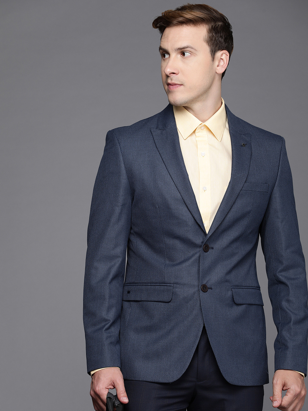 Louis Philippe Men Self Designed Textured Single-Breasted Slim-Fit Formal Blazer