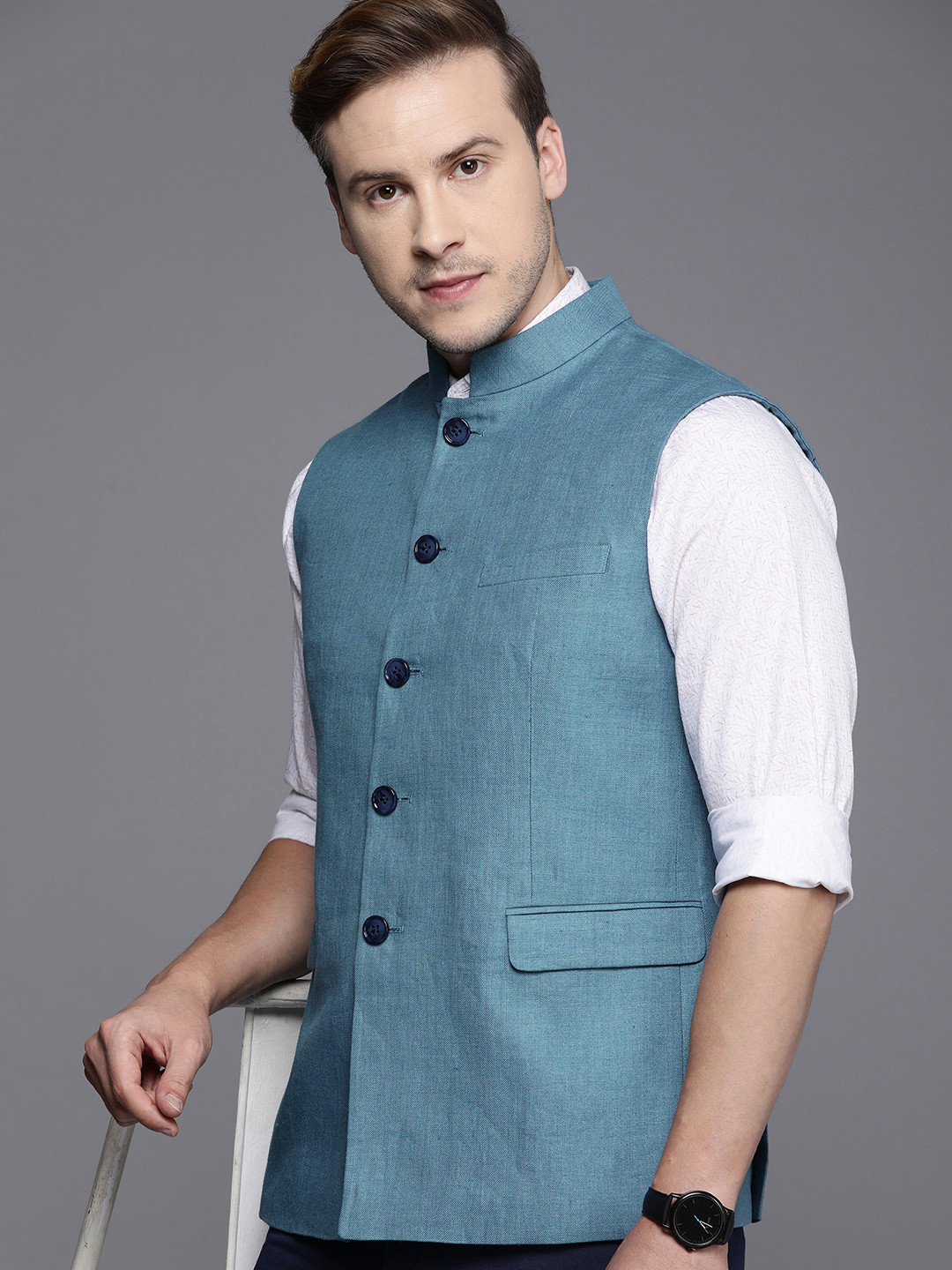 Louis Philippe Solid Pure Linen Nehru Jackets