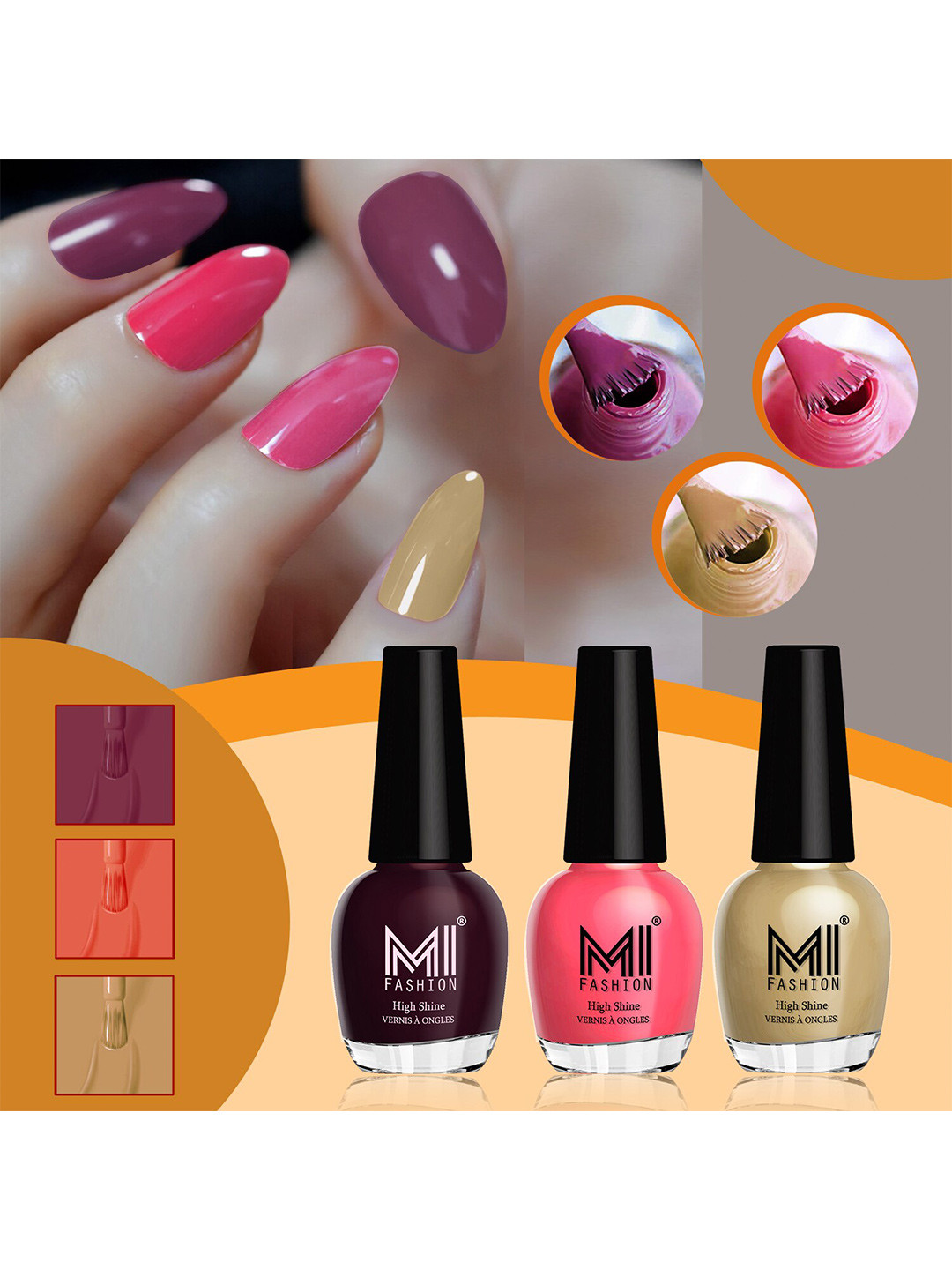 MI FASHION Vernis A Ongles Set Of 3 High-Shine Nail Polish - Wine Maroon,Pink Mania,Nude