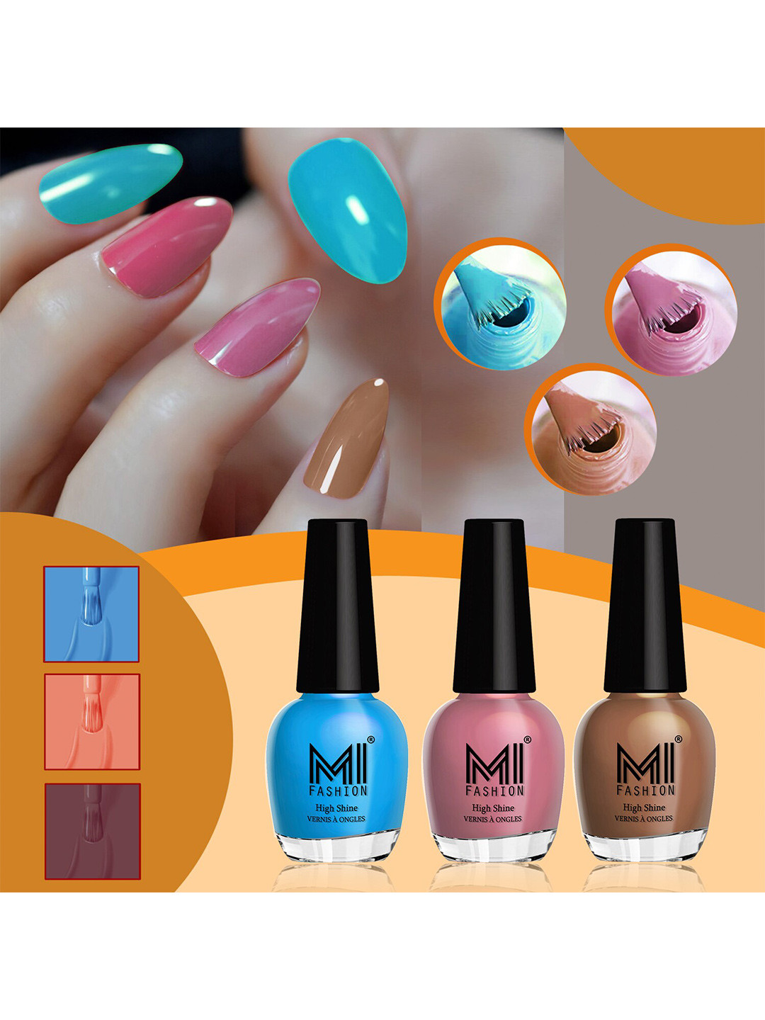 MI FASHION Vernis A Ongles Set Of 3 High-Shine Nail Polish -OceanBlue,NudeSpring,DarkNude