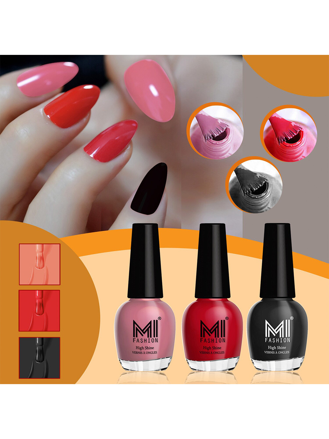 MI FASHION Vernis A Ongles Set Of 3 High-Shine Nail Polish - Nude Spring,Red,Jet Black