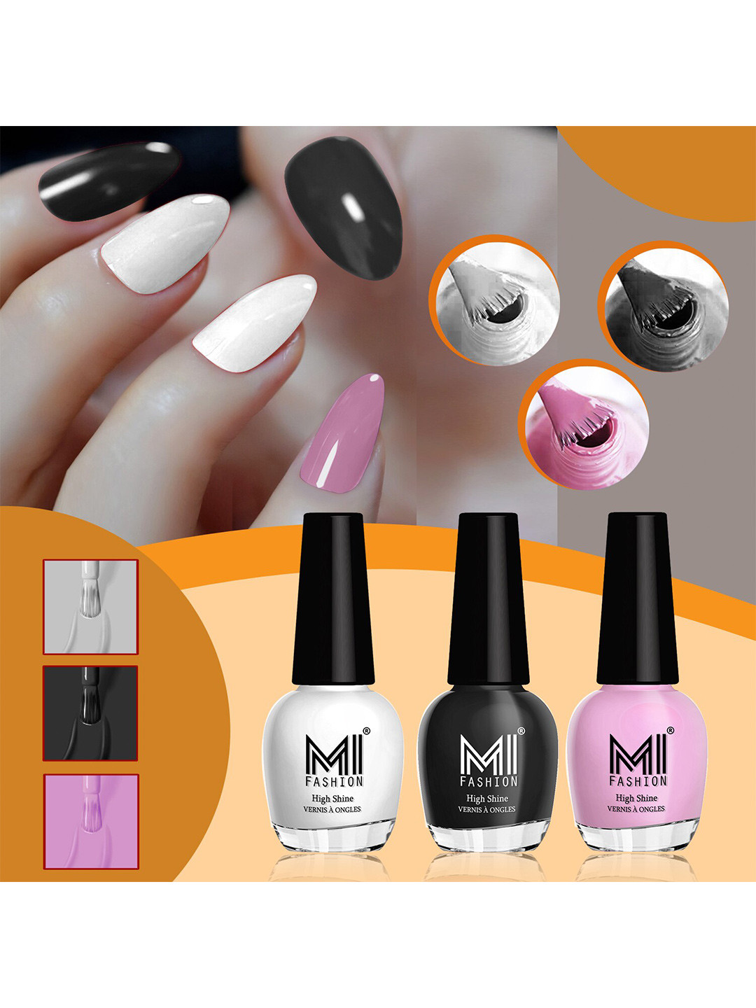 MI FASHION Vernis A Ongles Set Of 3 High-Shine Nail Polish - MilkyWhite,JetBlack,NudePink