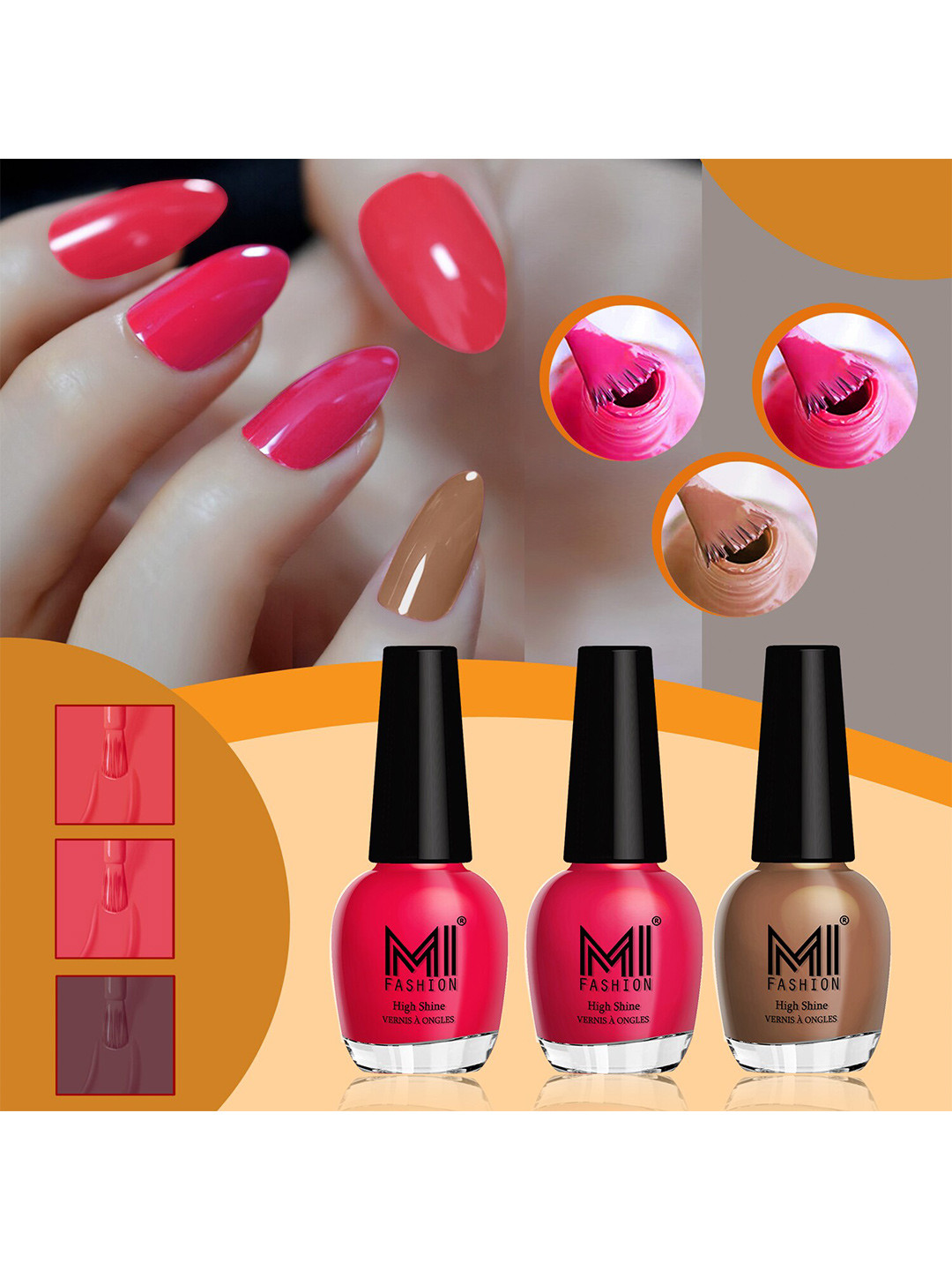 MI FASHION Vernis A Ongles Set Of 3 High-Shine Nail Polish - CarrotRed,NeonPink,DarkNude