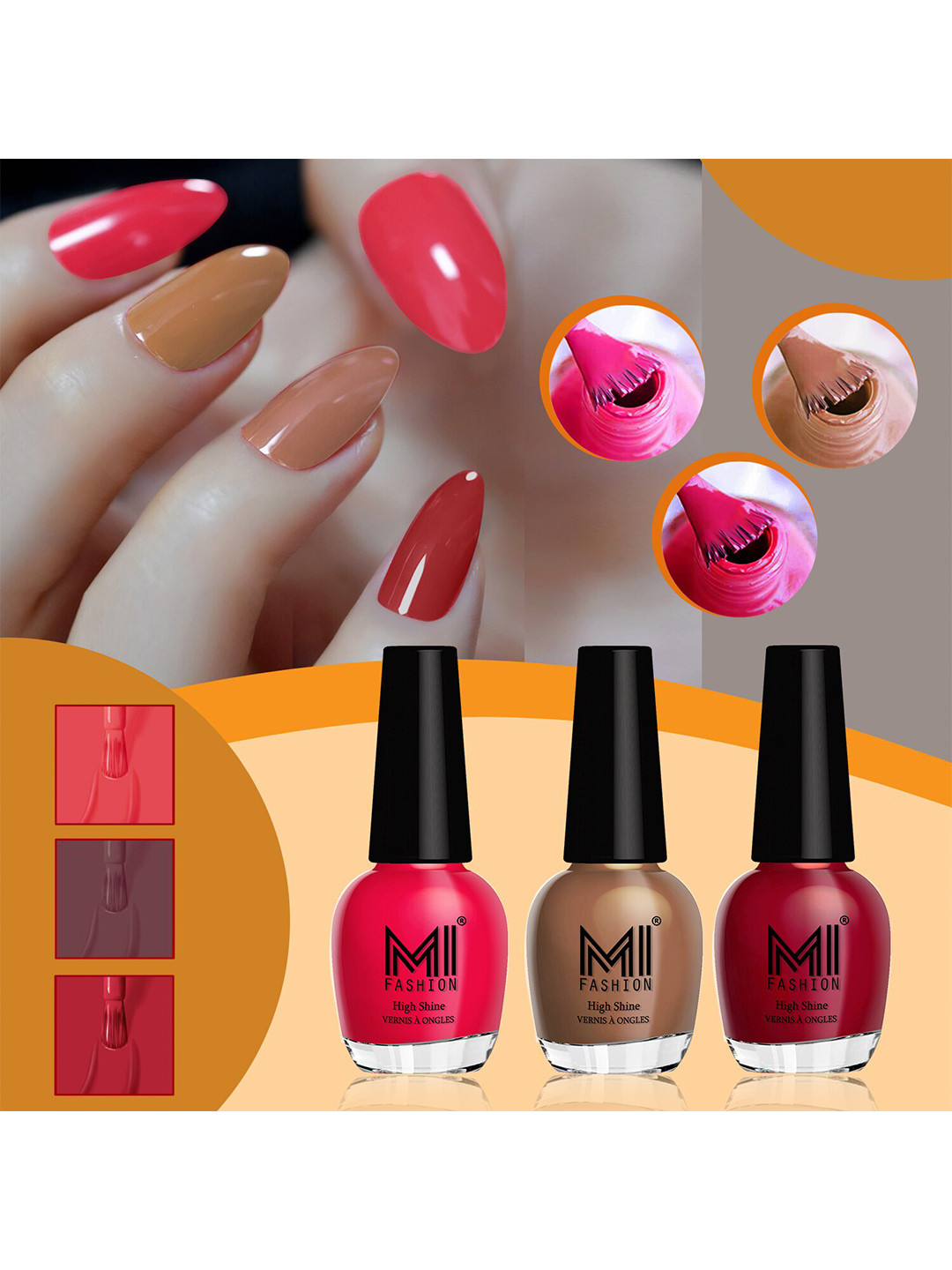 MI FASHION Vernis A Ongles SetOf3 High-Shine NailPolish -CarrotRed,DarkNude,ReddishMaroon