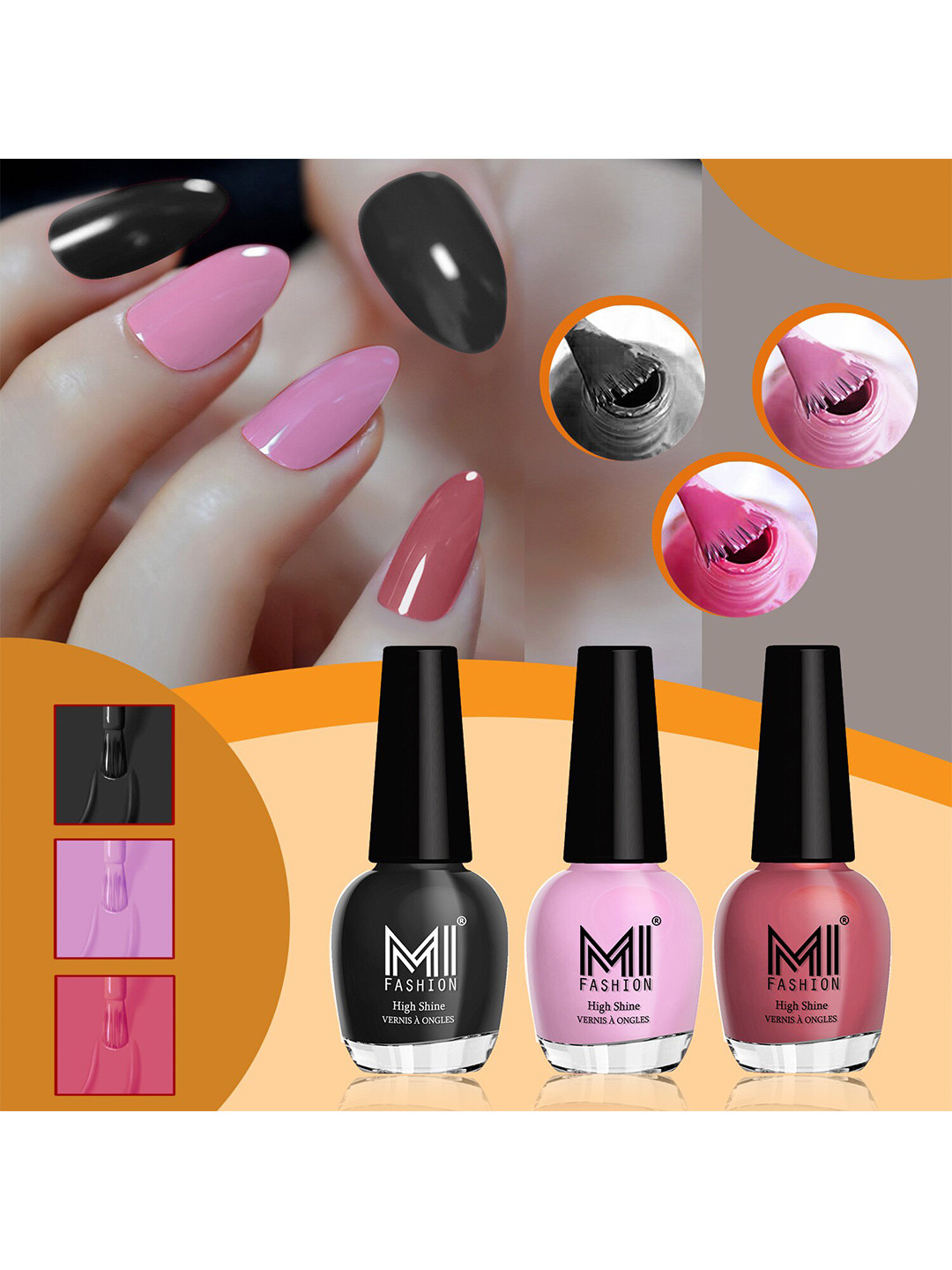 MI FASHION Vernis A Ongles Set Of 3 High-Shine Nail Polish - Jet Black, Nude Pink, Tan