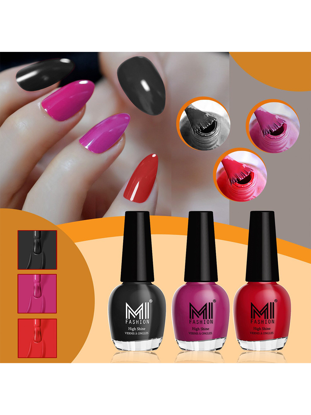 MI FASHION Vernis A Ongles Set Of 3 High-Shine Nail Polish - Jet Black, Bright Plum, Red