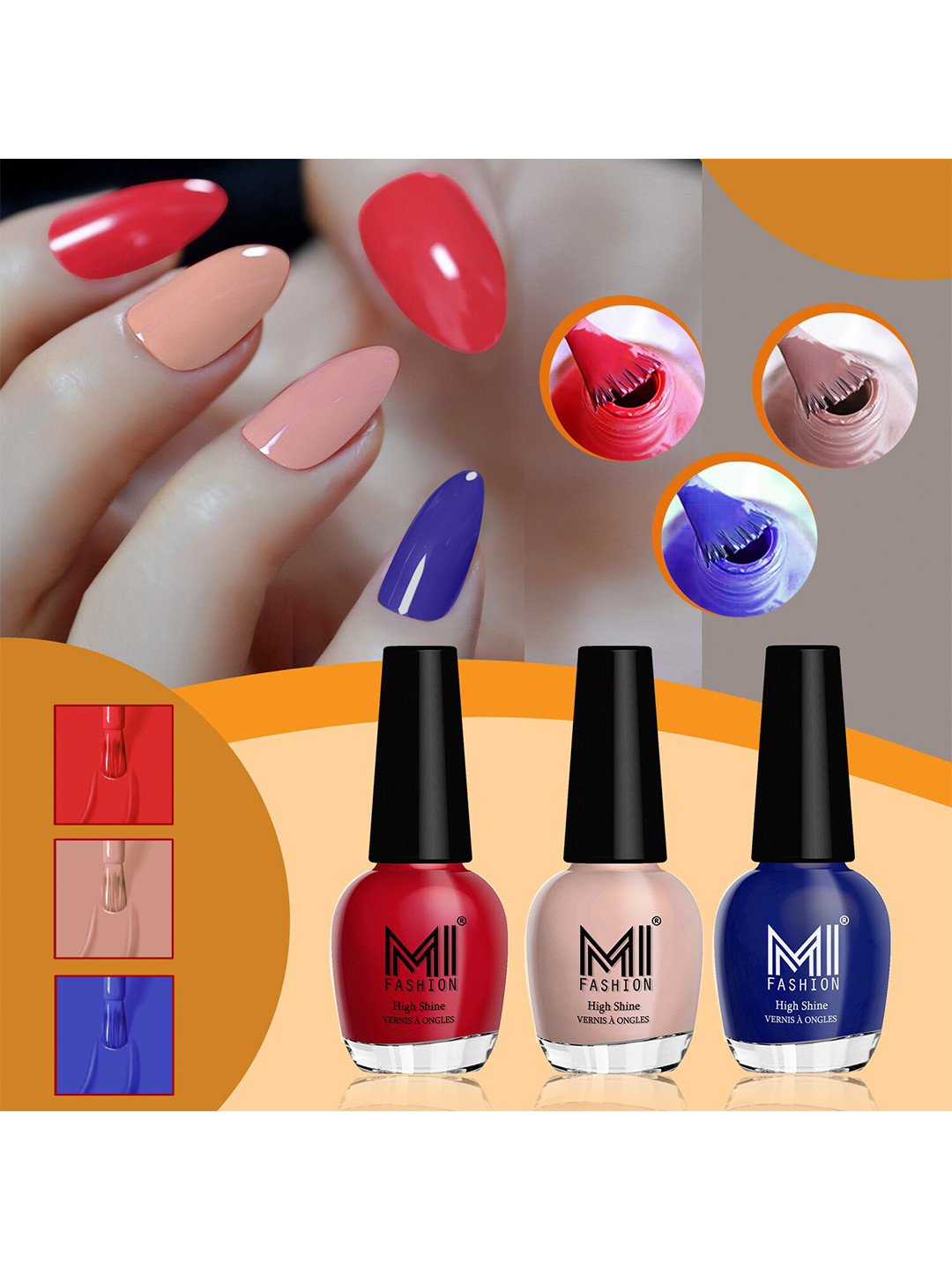 MI FASHION Vernis A Ongles Set Of 3 High-Shine Nail Polish - Red, Nude, Royal Blue