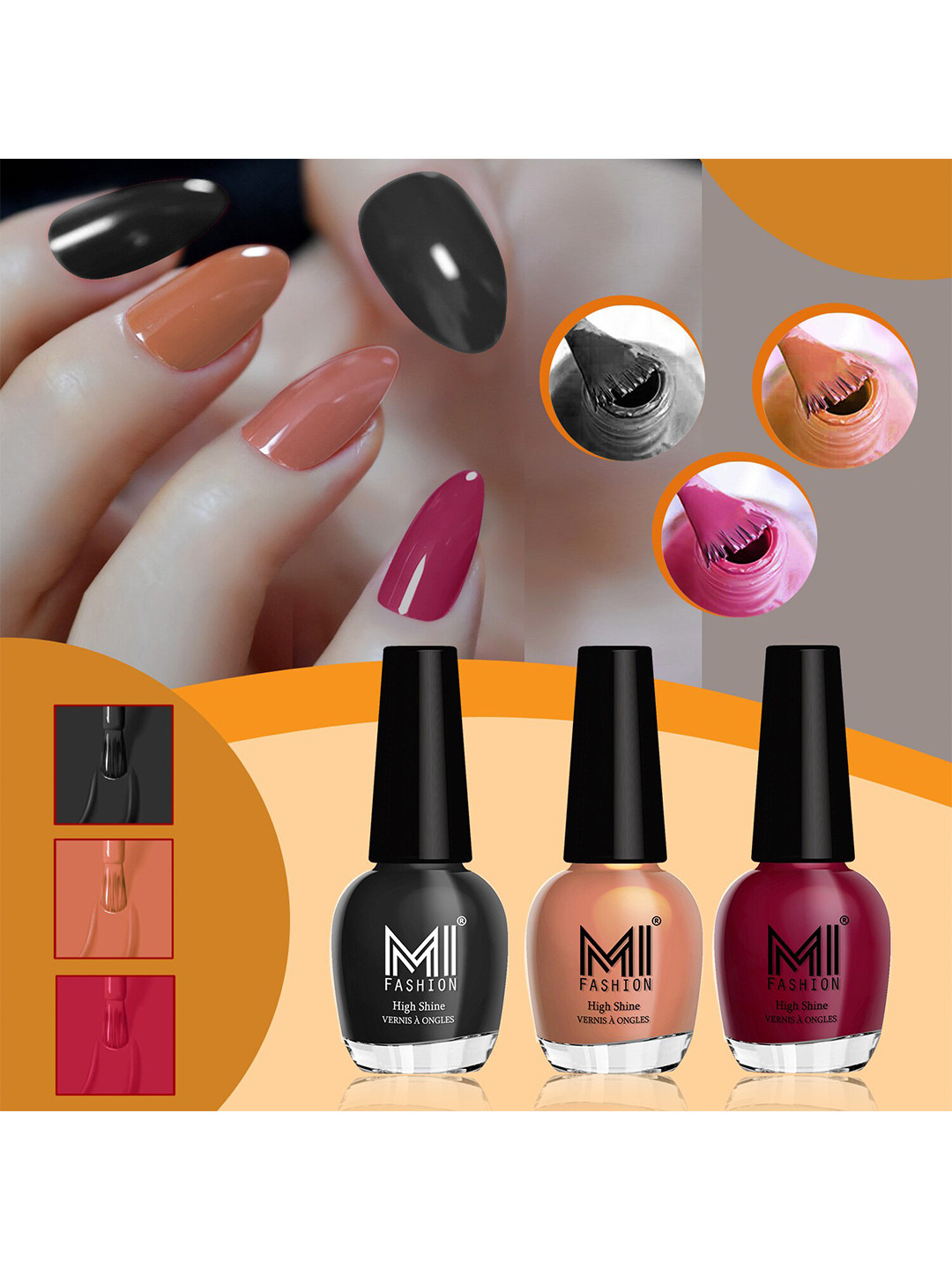 MI FASHION Vernis A Ongles Set Of 3 High-Shine Nail Polish - Jet Black, Nude, Light Wine