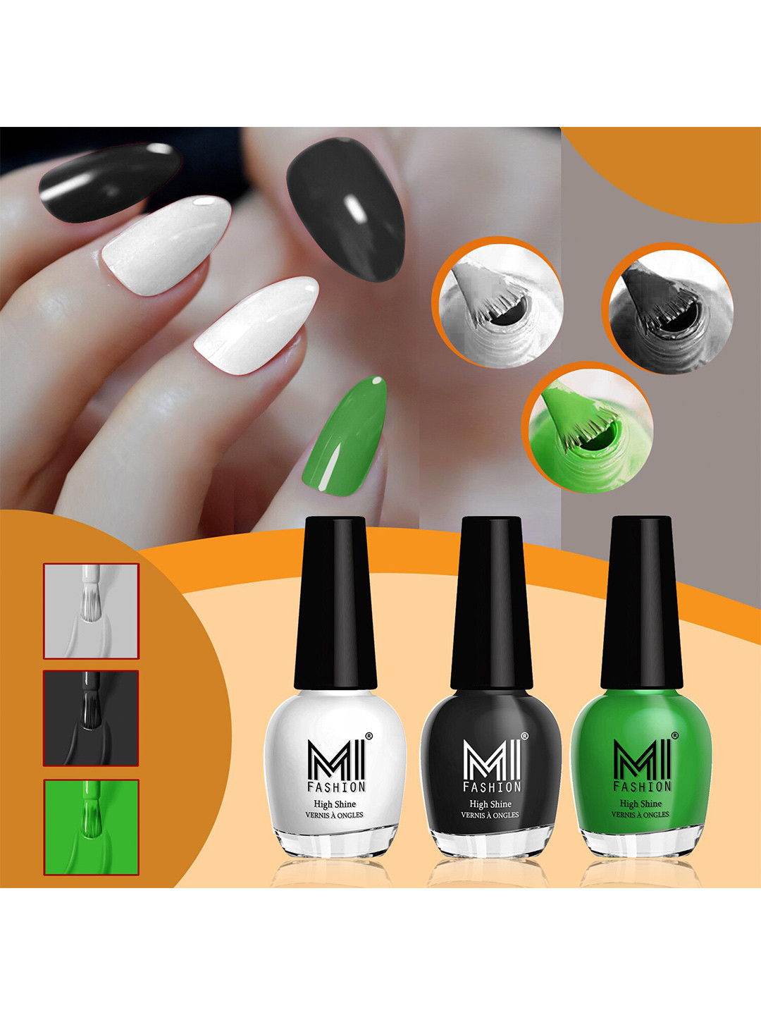 MI FASHION Vernis A Ongles Set Of 3 High-Shine Nail Polish -MilkyWhite,JetBlack,GrassGreen