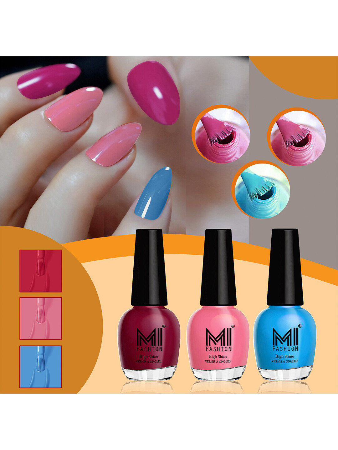 MI FASHION Vernis A Ongles Set Of 3 High-Shine Nail Polish -LightWine,CarrotRed,OceanBlue
