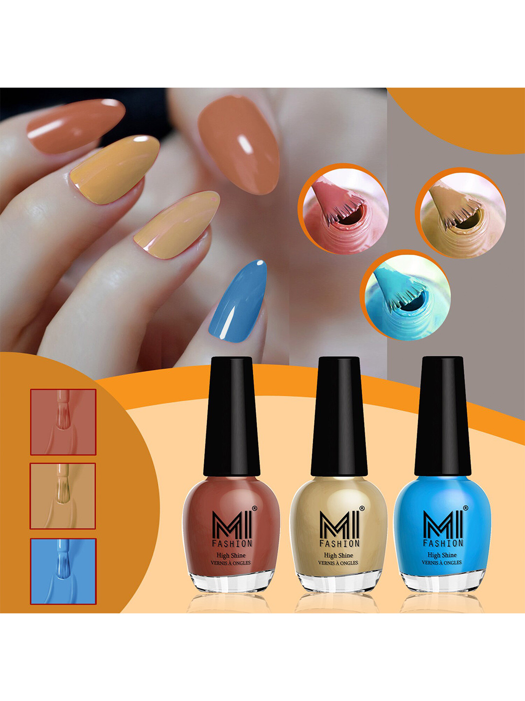 MI FASHION Vernis A Ongles Set Of 3 High-Shine Nail Polish - ChocolateBrown,Nude,OceanBlue