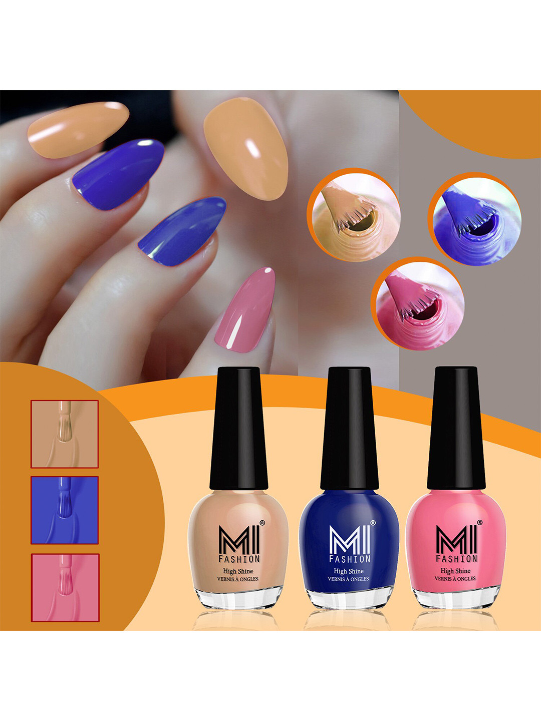 MI FASHION Vernis A Ongles Set Of 3 High-Shine Nail Polish - SweetNude,RoyalBlue,CarrotRed