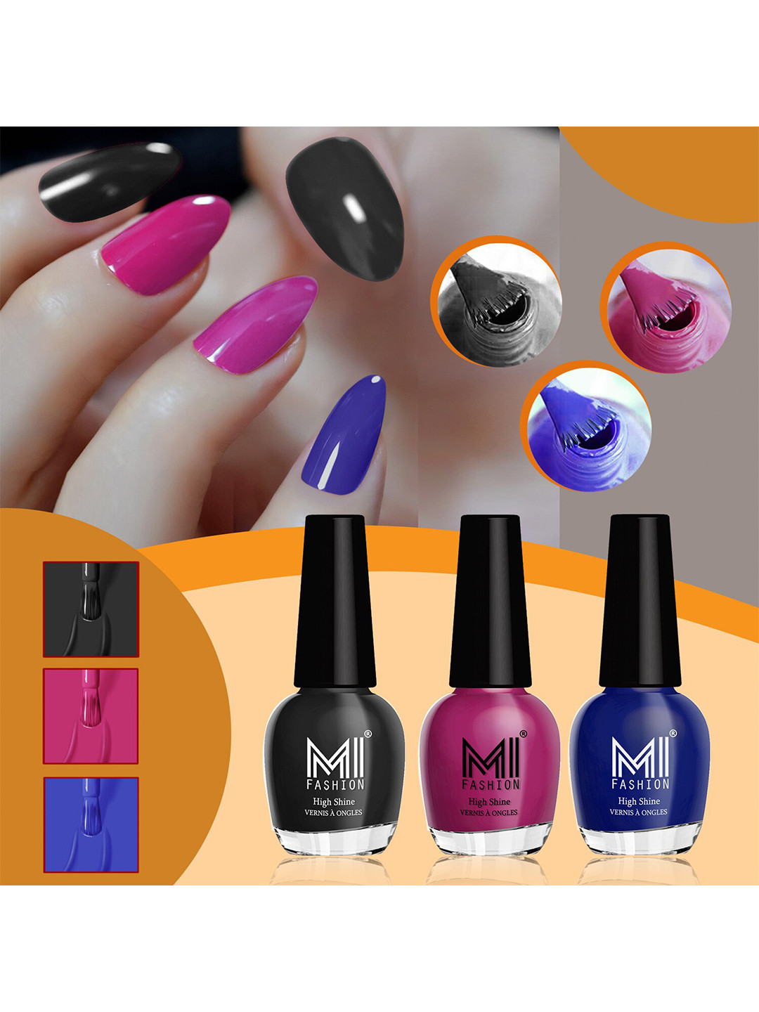 MI FASHION Vernis A Ongles Set Of 3 High-Shine Nail Polish - JetBlack,BrightPlum,RoyalBlue