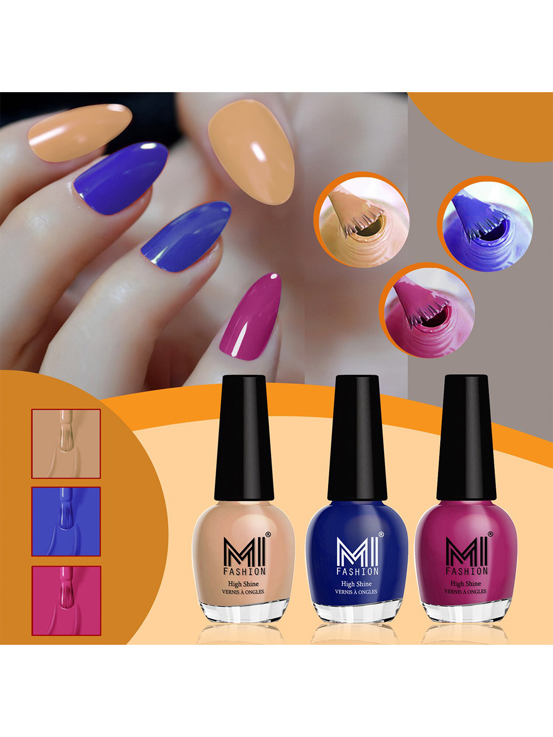 MI FASHION Vernis A Ongles Set Of 3 High-Shine Nail Polish -SweetNude,RoyalBlue,BrightPlum
