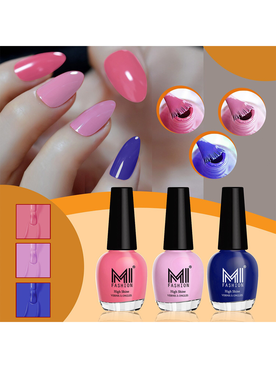 MI FASHION Vernis A Ongles Set Of 3 High-Shine Nail Polish - NudePink,CarrotRed,RoyalBlue