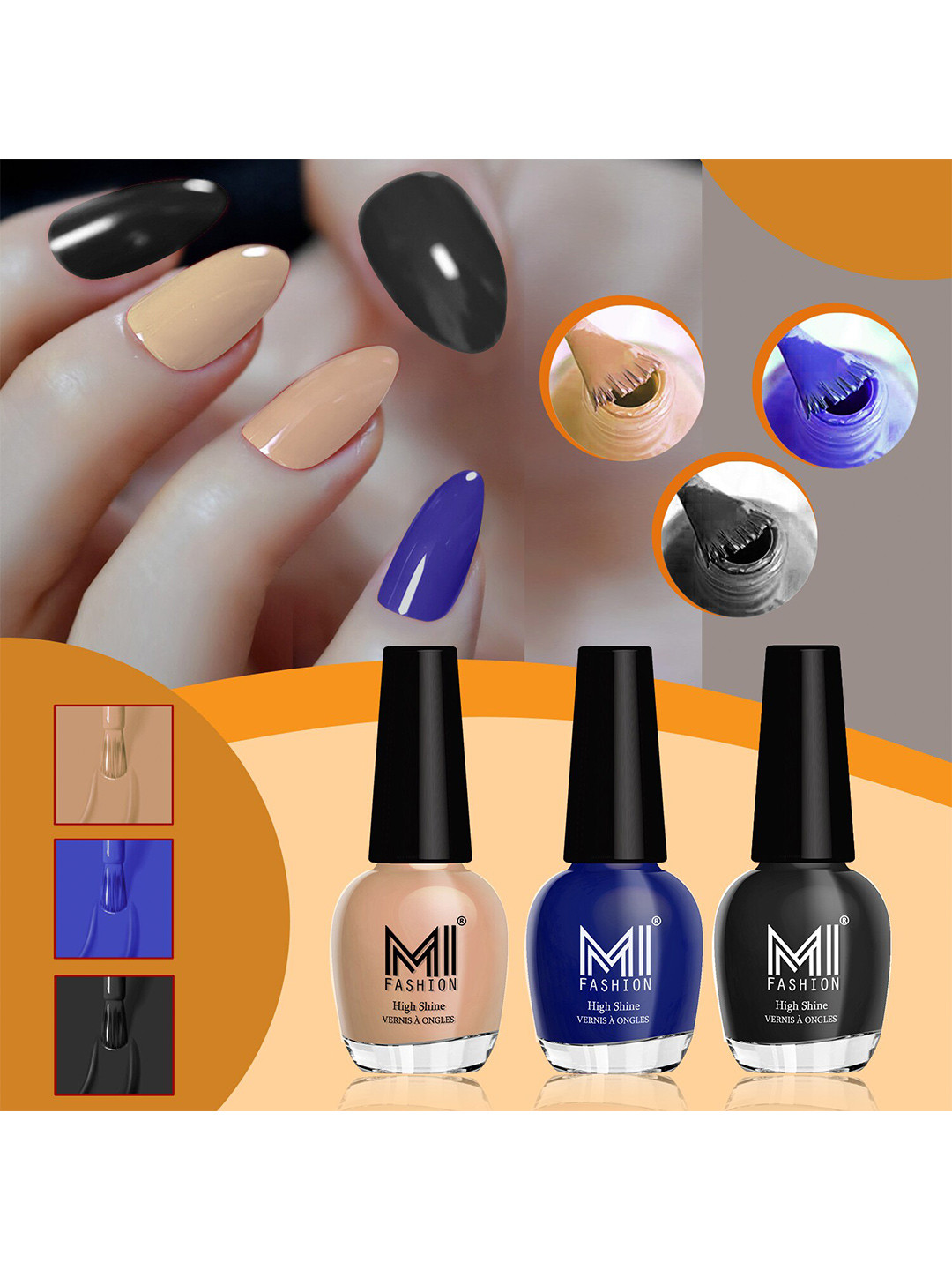 MI FASHION Vernis A Ongles Set Of 3 High-Shine Nail Polish- SweetNude, RoyalBlue, JetBlack