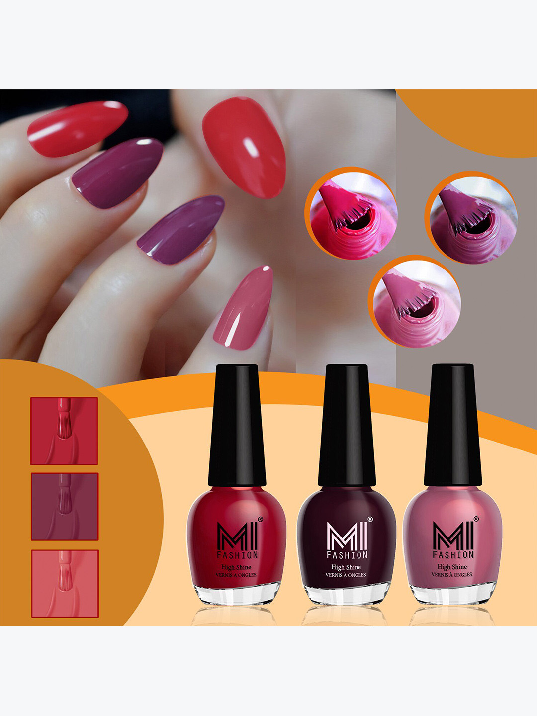 MI FASHION Set of 3 High Shine Vernis A Ongles Nail Polish 15ml Each - 742, 744, 752