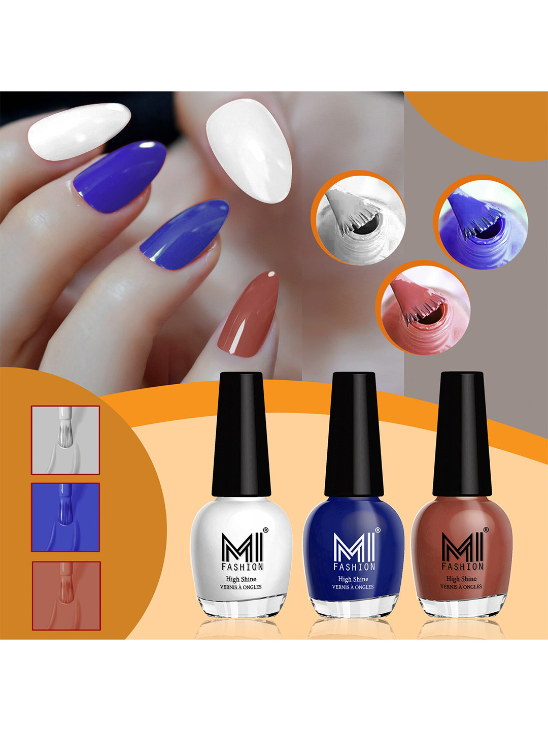 MI FASHION Set of 3 High Shine Long-Lasting Nail Lacquer 15 ml Each - Milky White 701 - Royal Blue 766 - Chocolate Brown 719