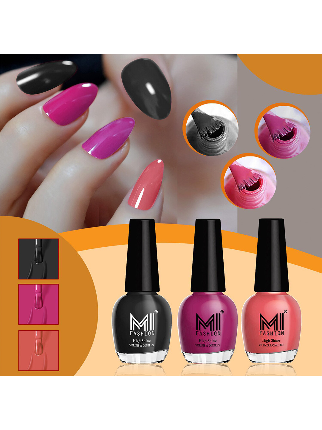 MI FASHION Set of 3 High Shine Long-Lasting Nail Lacquer 15 ml Each -Jet Black 703 - Bright Plum 732 - Peach Crush 749