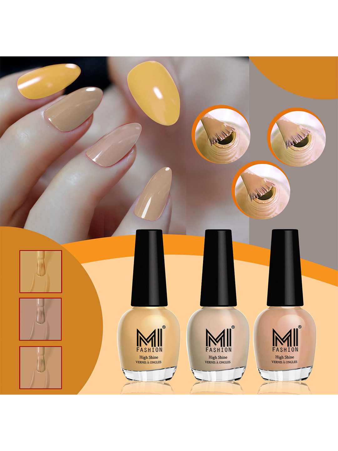 MI FASHION Set of 3 High Shine Long-Lasting Nail Lacquer 15 ml Each -Flirty Nude 750 - Skin Nude 763 - Sweet Nude 765