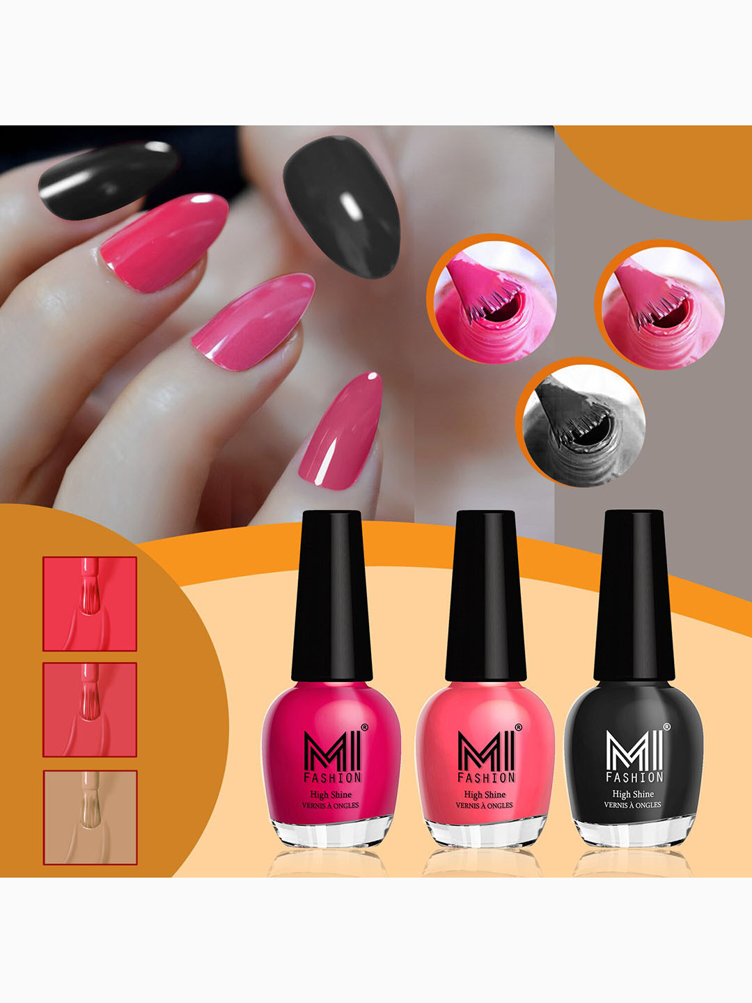 MI FASHION Vernis A Ongles Set Of 3 High Shine Long Lasting Nail Paints - 15 ml Each