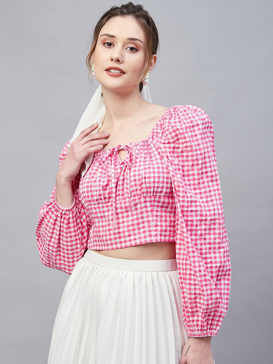 Marie Claire Pink Checked Tie-Up Neck Crop Top