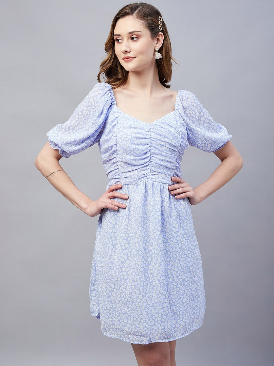 Buy Marie Claire Floral Printed Sweetheart Neck Georgette Fit And