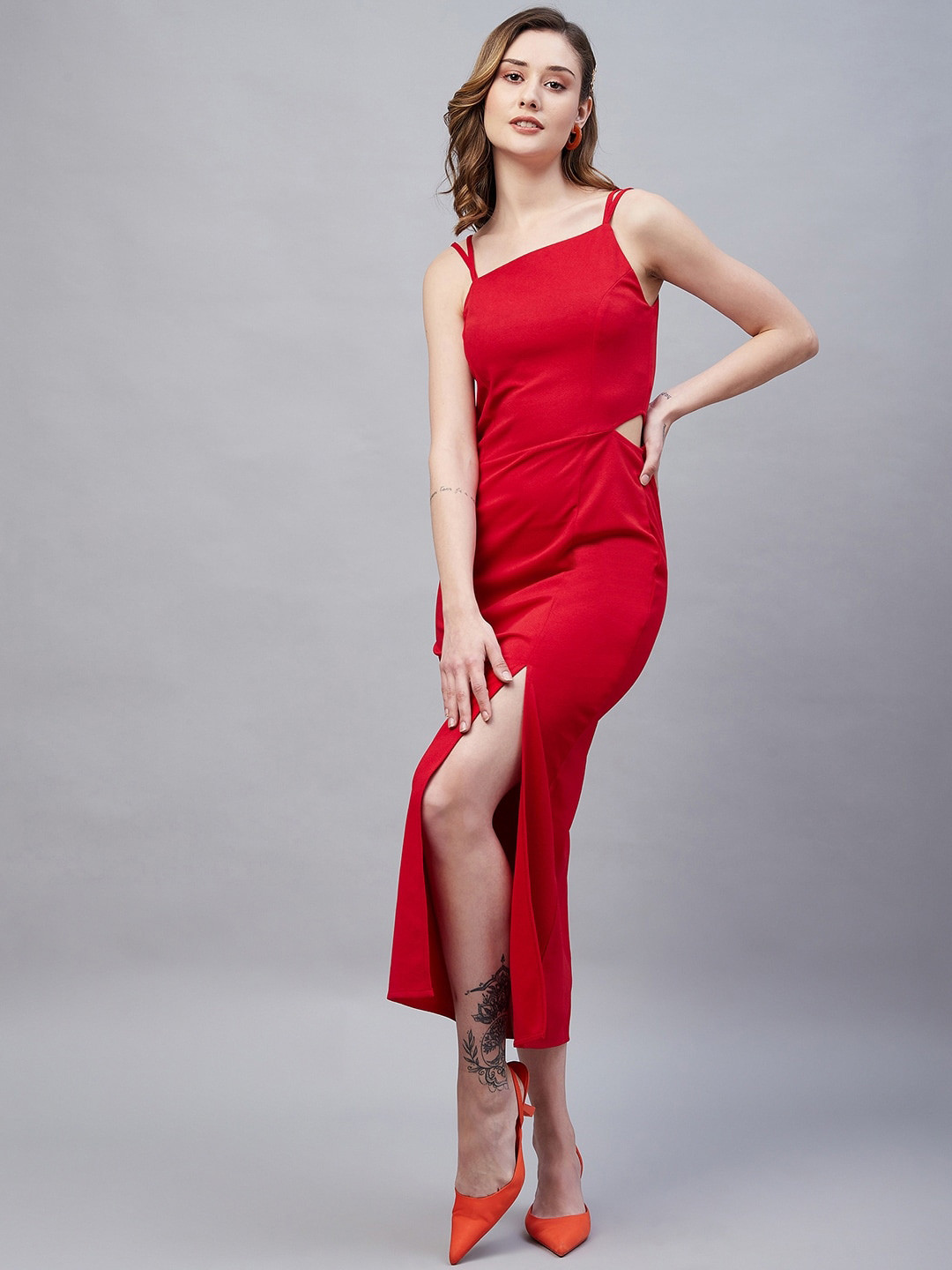 Marie Claire Side Slit Shoulder Strap Sheath Midi Dress