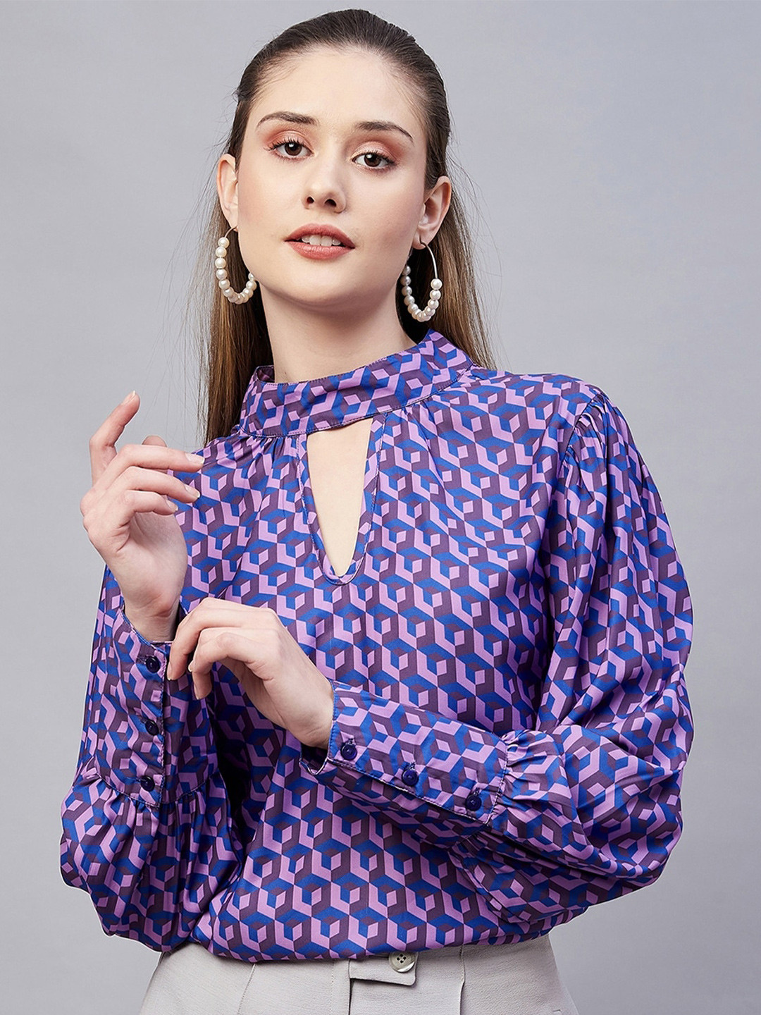 Marie Claire Geometric Print High Neck Satin Top