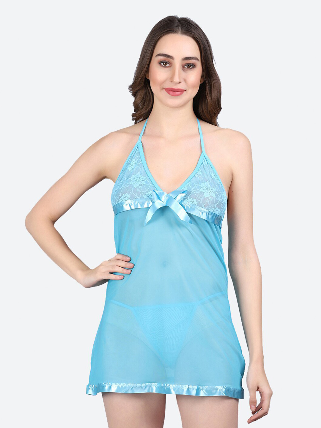 Fleurt Self Design Halter Neck Baby Doll With Briefs