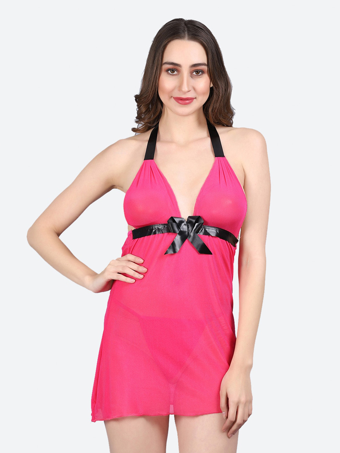 Fleurt Self Design Halter Neck Baby Doll With Briefs