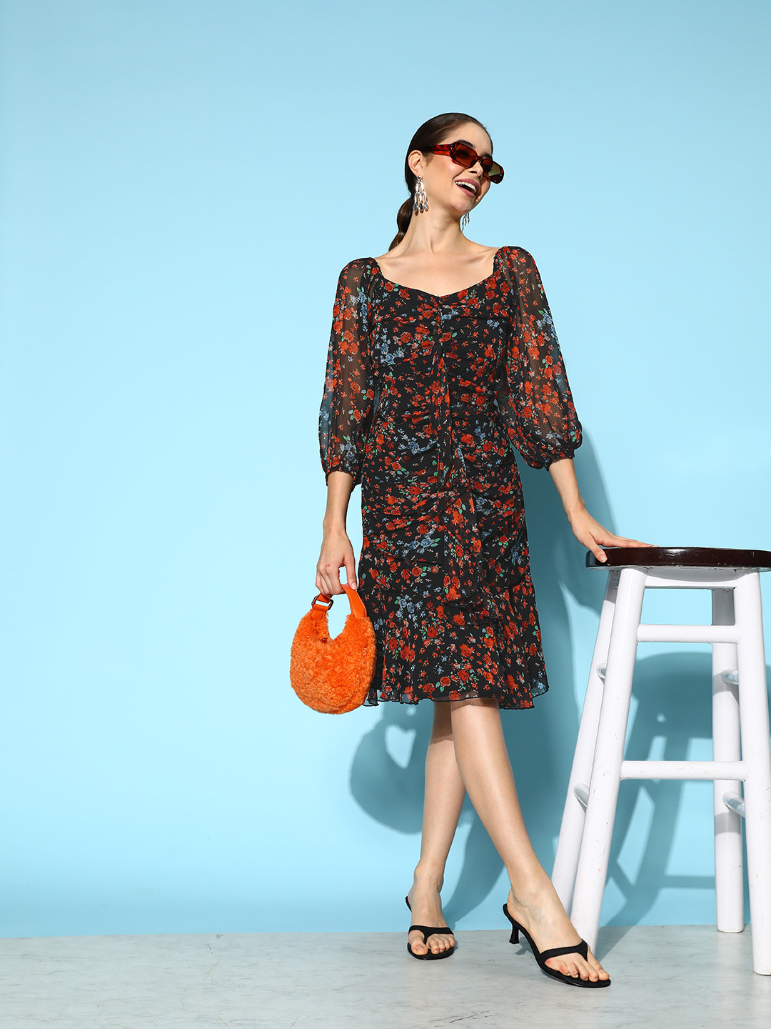Antheaa Black & Red Floral Sweetheart Neck Puff Sleeves Ruffled Georgette A-Line Dress