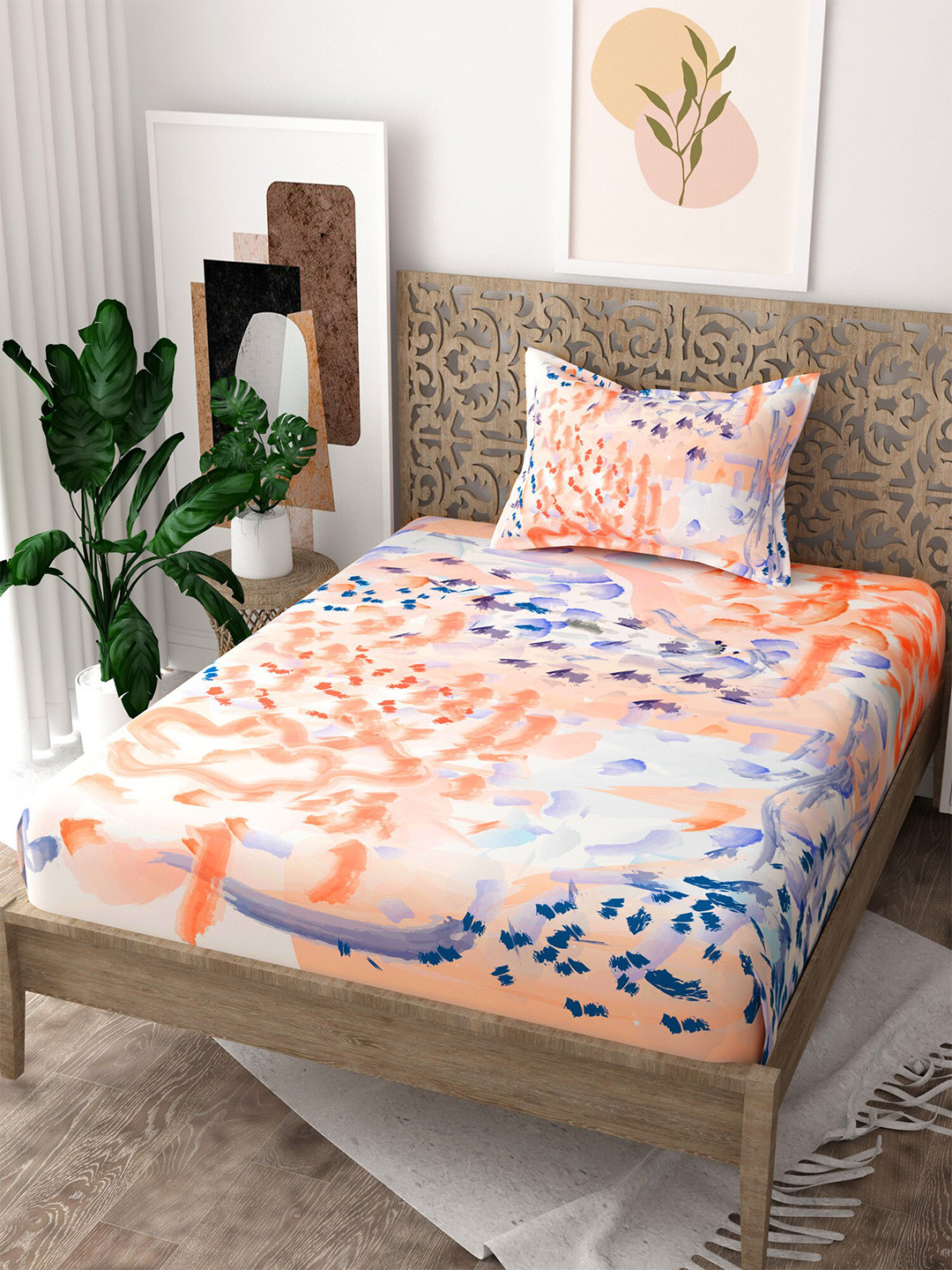 EverHOME Orange Abstract Cotton 160 TC Single Bedsheet with a Pillow Cover-59 x 88 inches