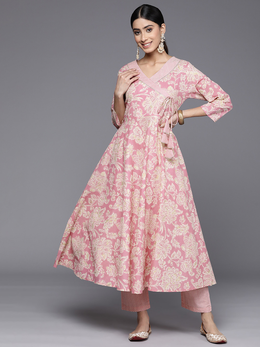 Varanga Floral Printed Angrakha Gotta Patti Pure Cotton Kurta With Trousers