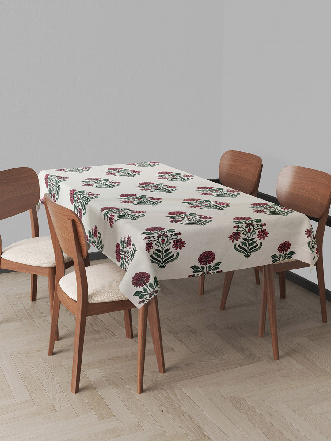 Trance Home Linen White & Red Printed Pure Cotton Table Cloth