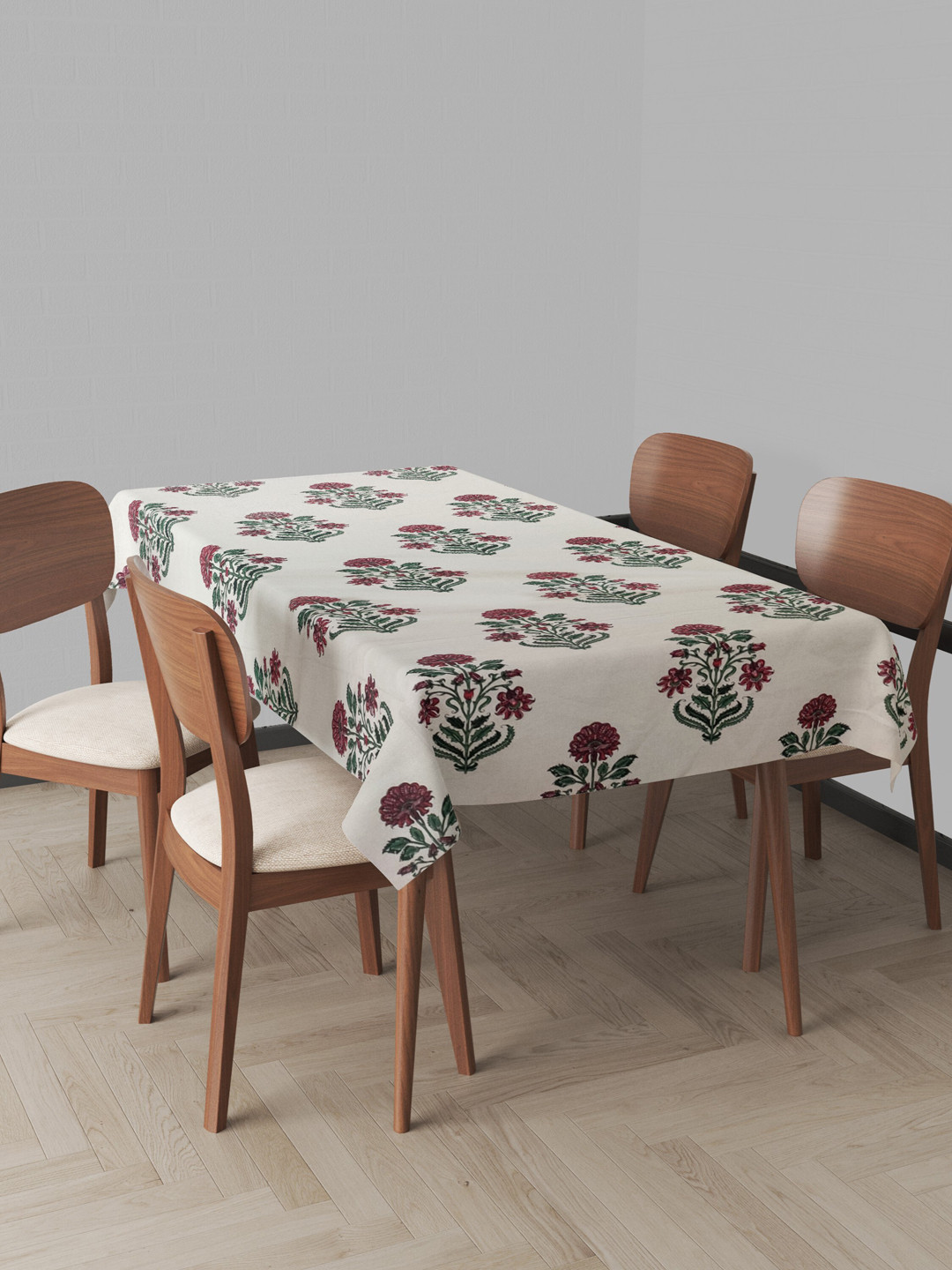 Trance Home Linen White & Red Floral Printed Cotton 6-Seater Table Cloth