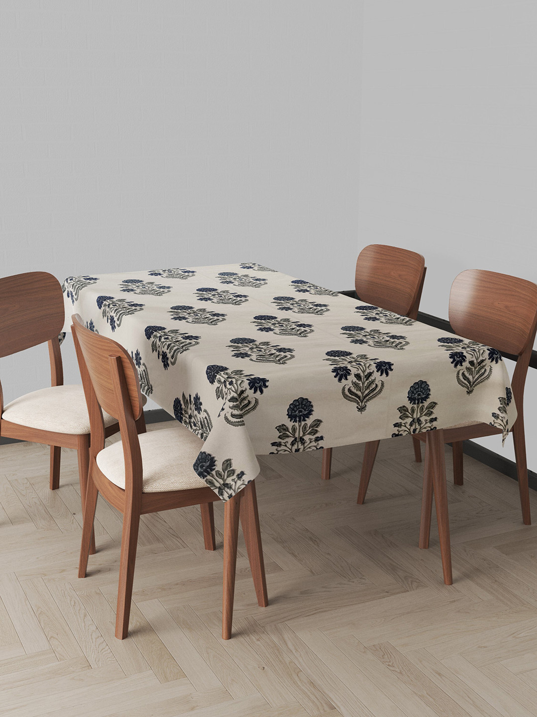 Trance Home Linen Cream-Colored & Blue Printed Pure Cotton 4-Seater Rectangular Table Cloth
