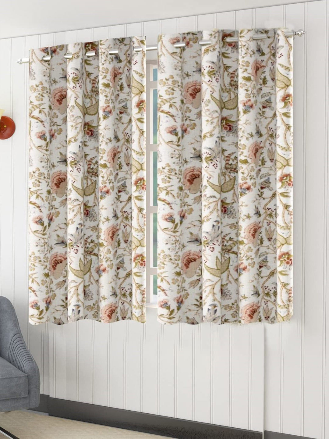 Trance Home Linen Jaipuri Orange & White 2 Pieces Floral Cotton Window Curtain