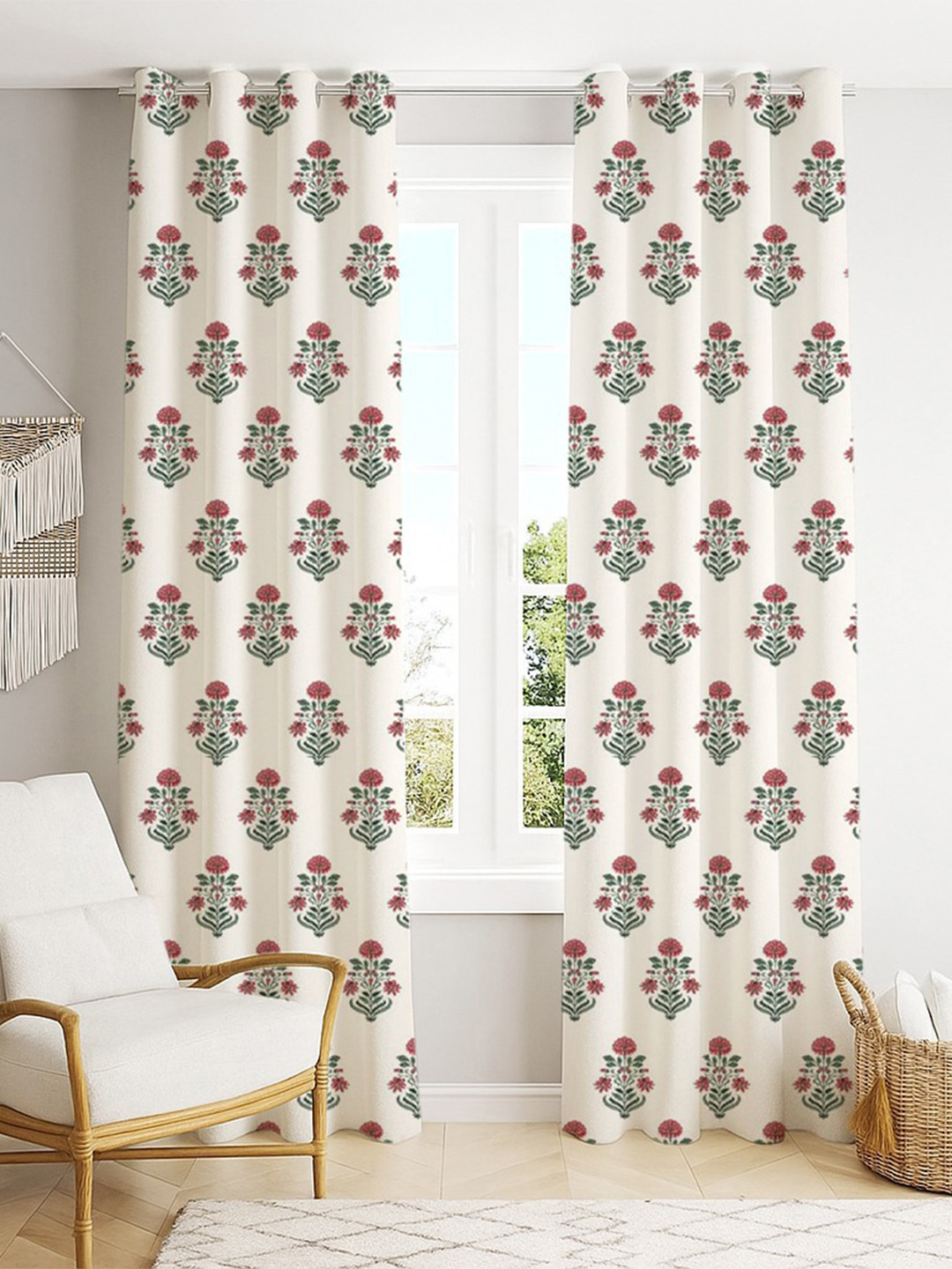 Trance Home Linen Jaipuri White & Red 2 Pieces Floral Cotton Door Curtain