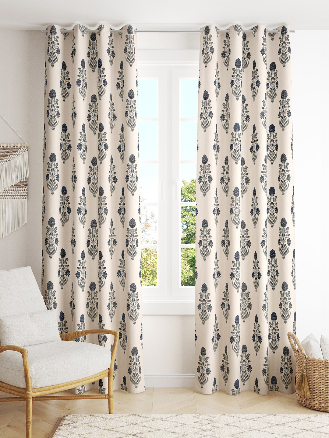 Trance Home Linen Jaipuri Cream-Coloured & Blue 2 Pieces Floral Cotton Long Door Curtain
