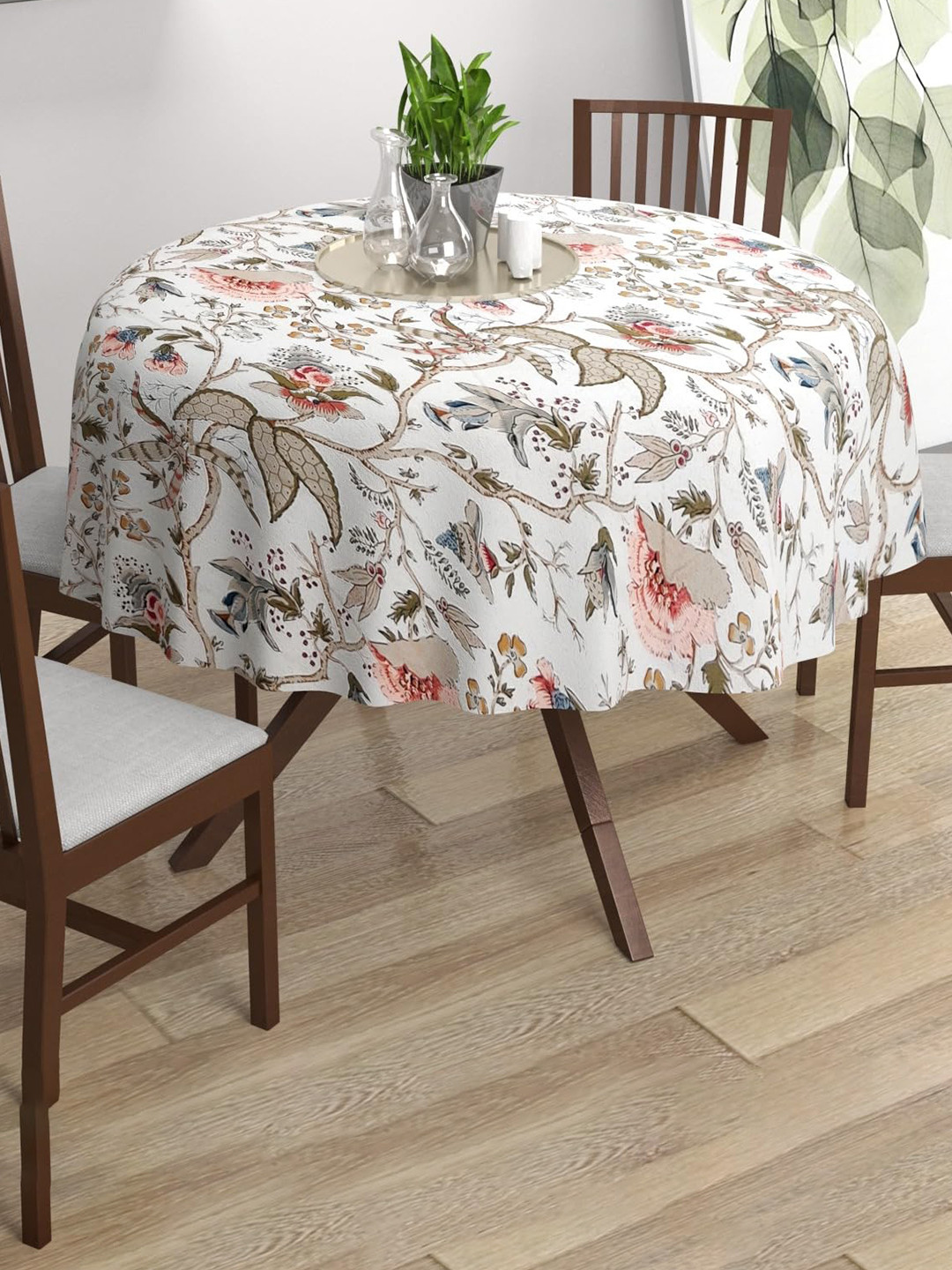 Trance Home Linen White Floral Printed Cotton 4-Seater Dining Table Cover