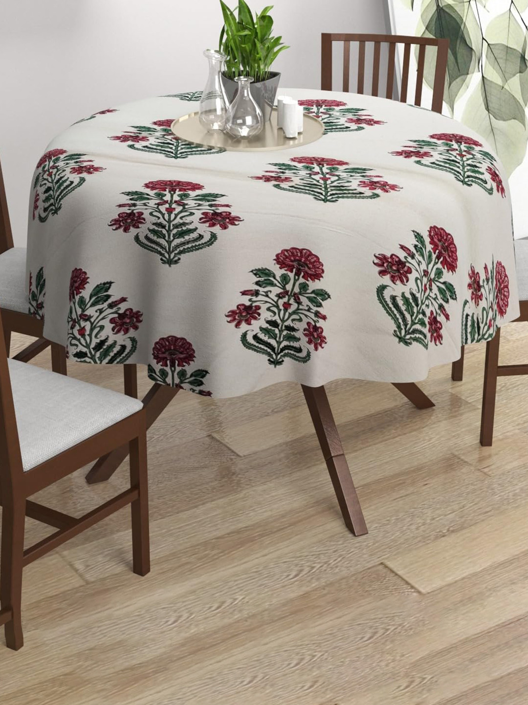 Trance Home Linen Red & Beige Printed Pure Cotton Circular Table Cloth