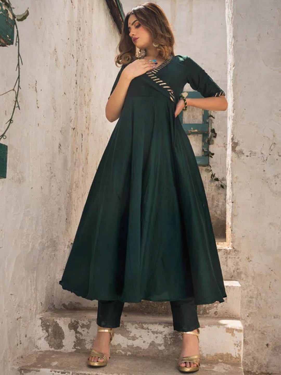 Pomcha Angrakha Pure Cotton Kurta With Trousers & Dupatta