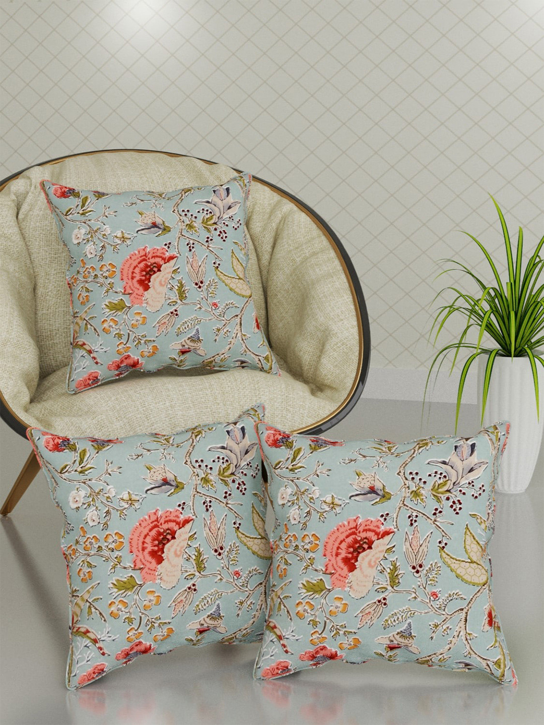 Trance Home Linen Jaipuri Green & Pink 3 Pieces Floral Cotton Square Cushion Covers