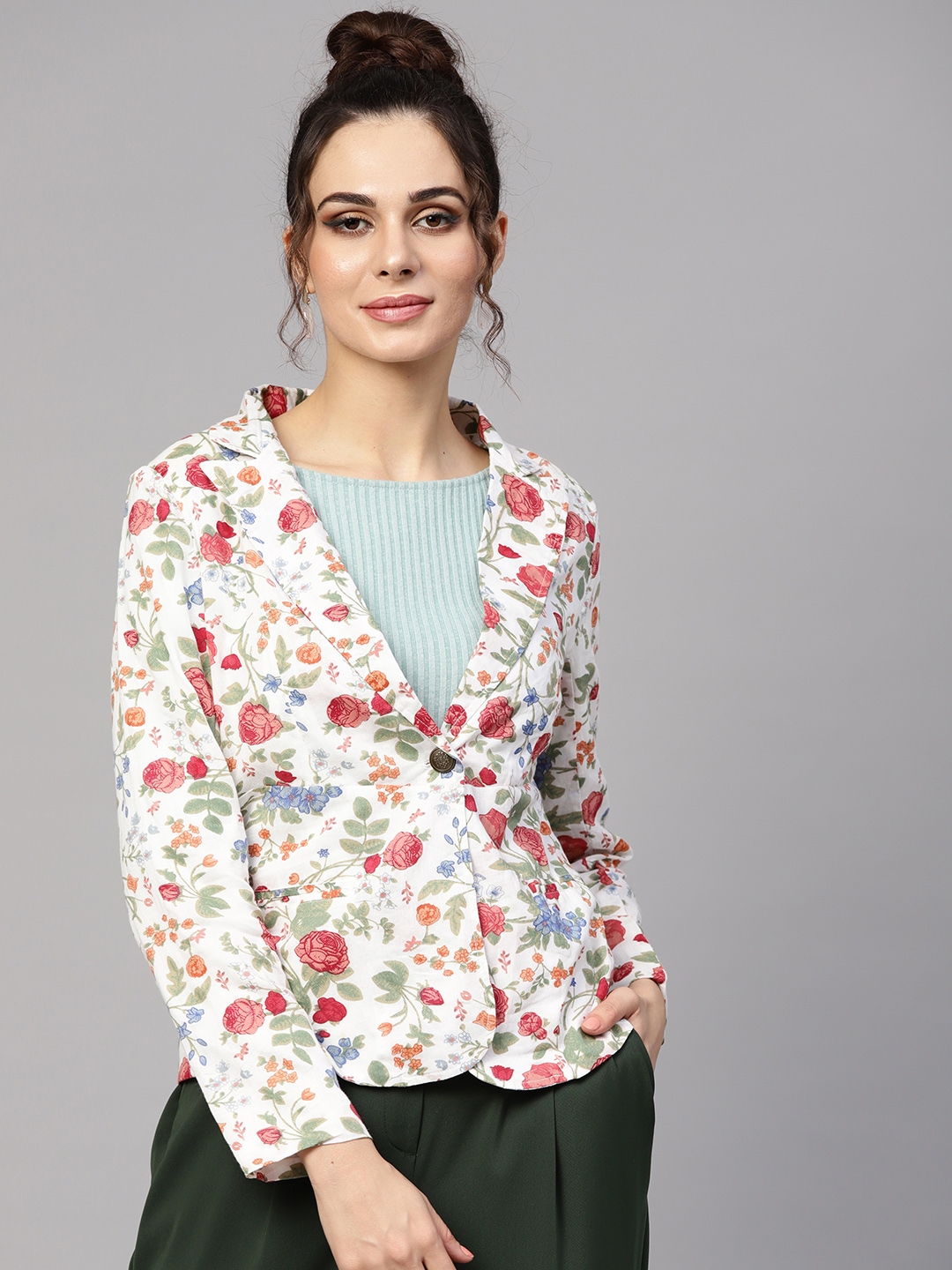 SASSAFRAS Off White Red Floral Print Single Breasted Blazer