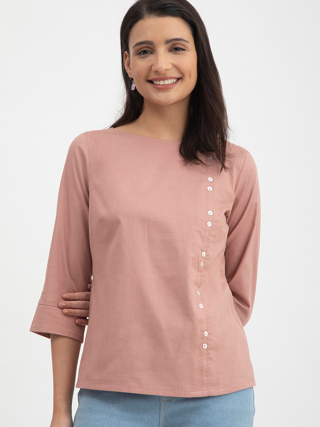 FableStreet Boat Neck Linen Pink Top