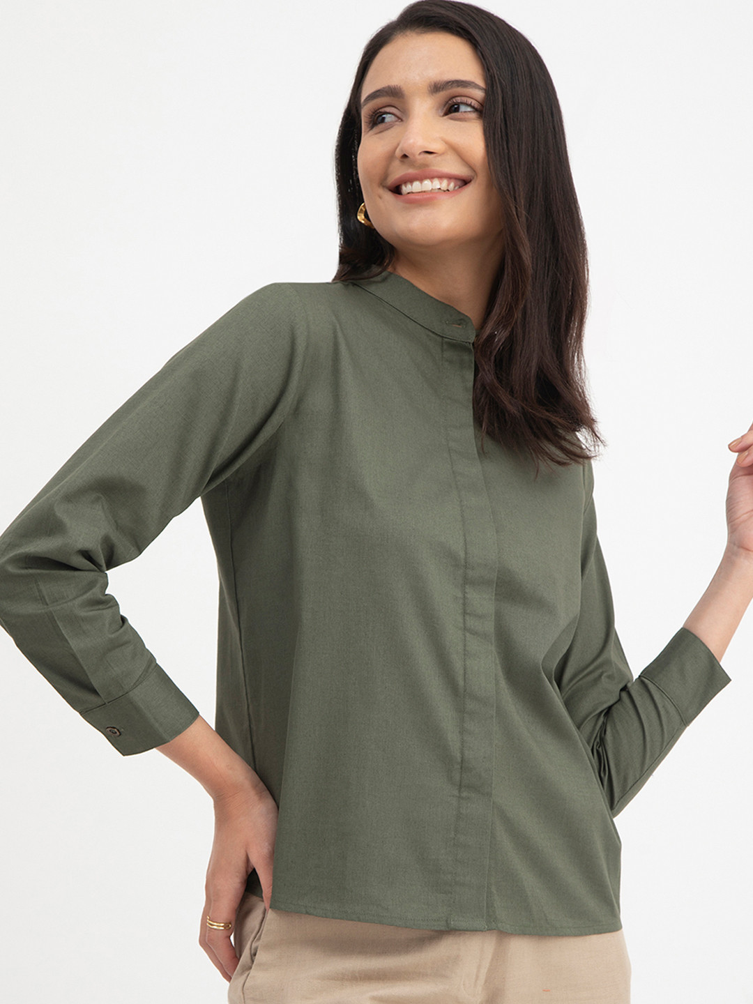 FableStreet Band Collar Classic Cotton Linen Formal Shirt