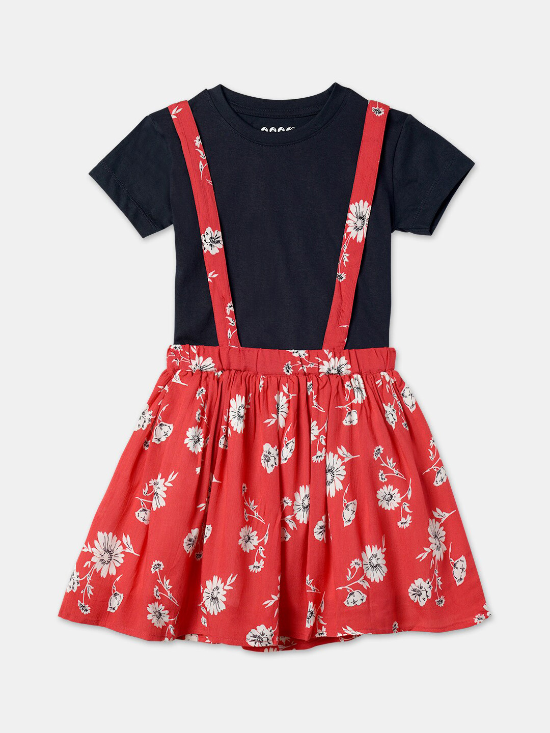 ZION Girls Printed Flared Cotton Dungaree Dress With T-Shirt