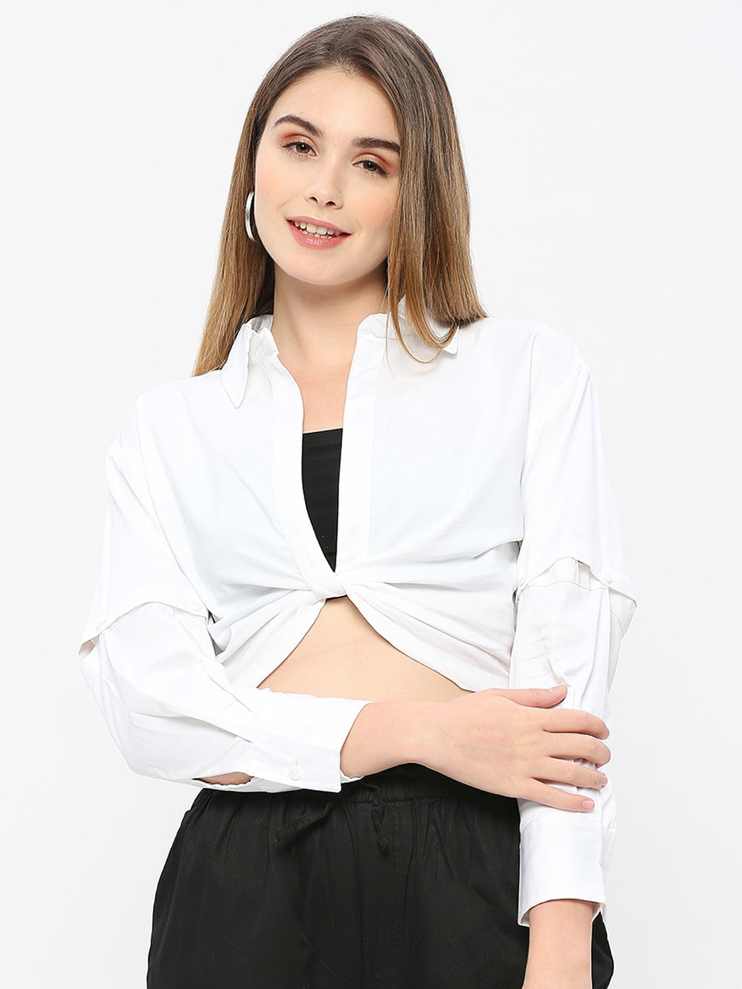 Remanika Shirt Collar Twisted Detail Cotton Crop Shirt Style Top