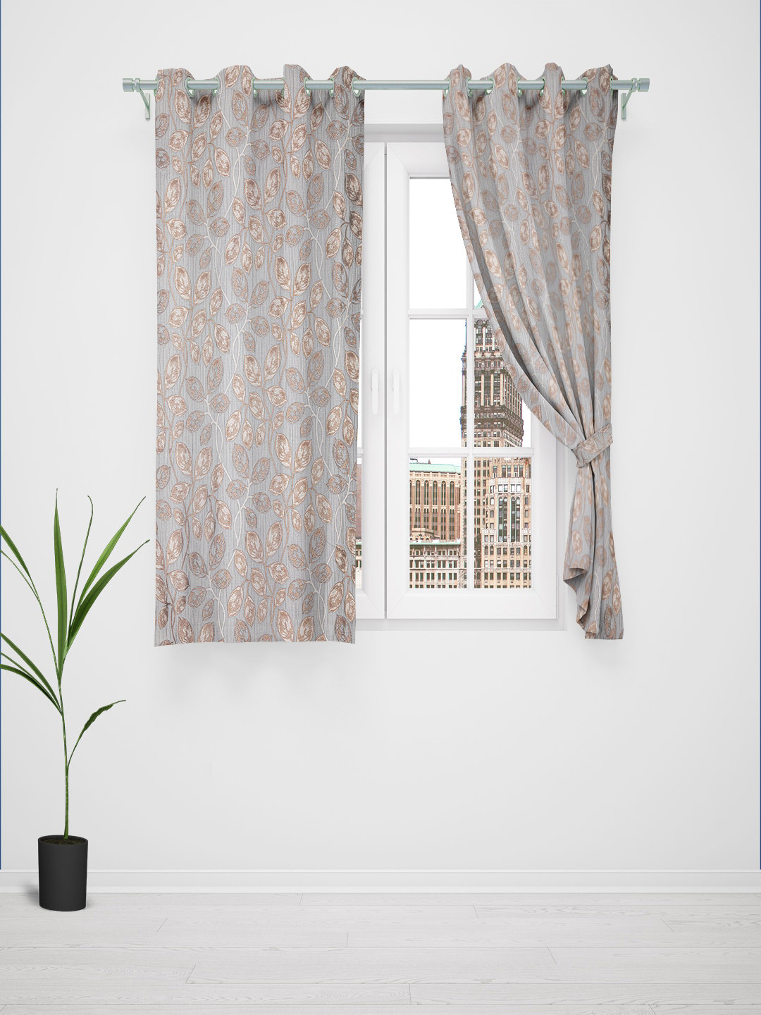 Just Home Summer 2023 Blue & Brown 2 Pieces Floral Jacquard Room Darkening Window Curtains